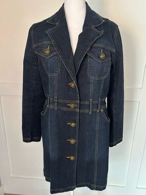 DG2 by Diane Gilman Dark Blue Denim Trench Coat with Gold Buttons size small